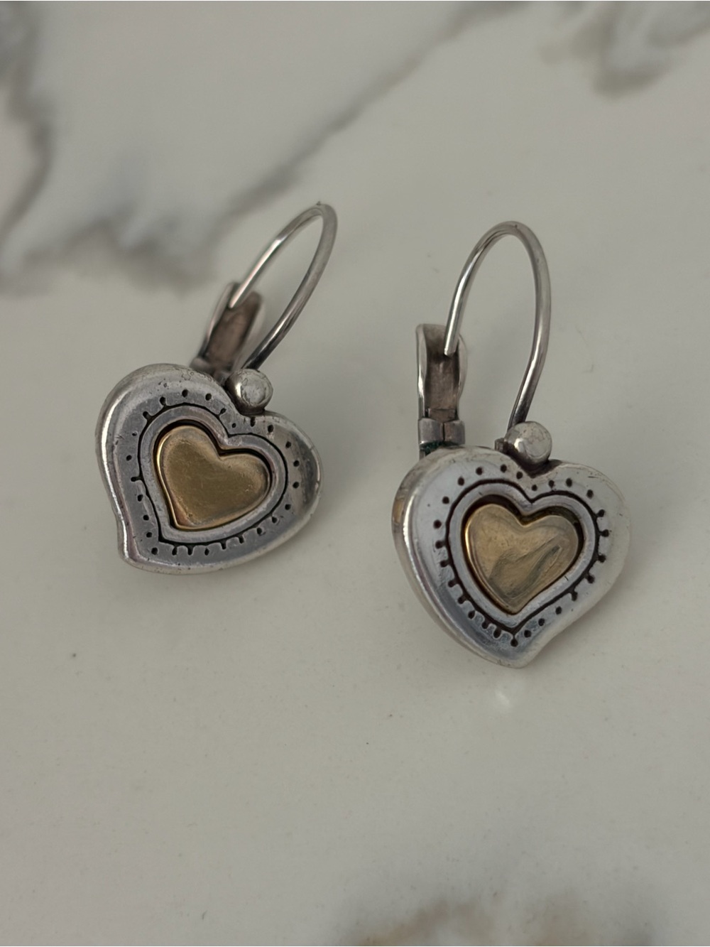 Brighton RENDEZVOUS Heart Leverback Silver Gold Earrings *RETIRED* + Bag & Tin